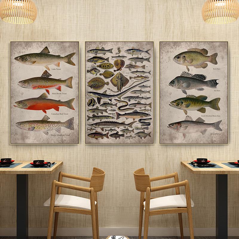 复古鱼类标本装饰画渔具店办公室鱼竿分解图挂画海鲜水产餐厅壁画图片
