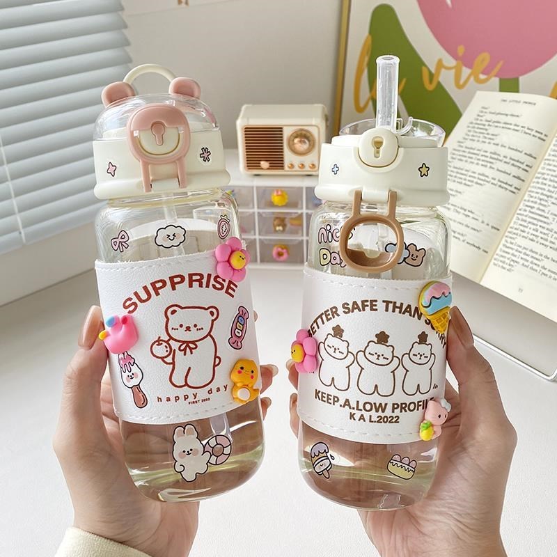 带吸管玻璃杯女生高颜值新款防y烫水杯便携可爱夏季大容量儿童杯