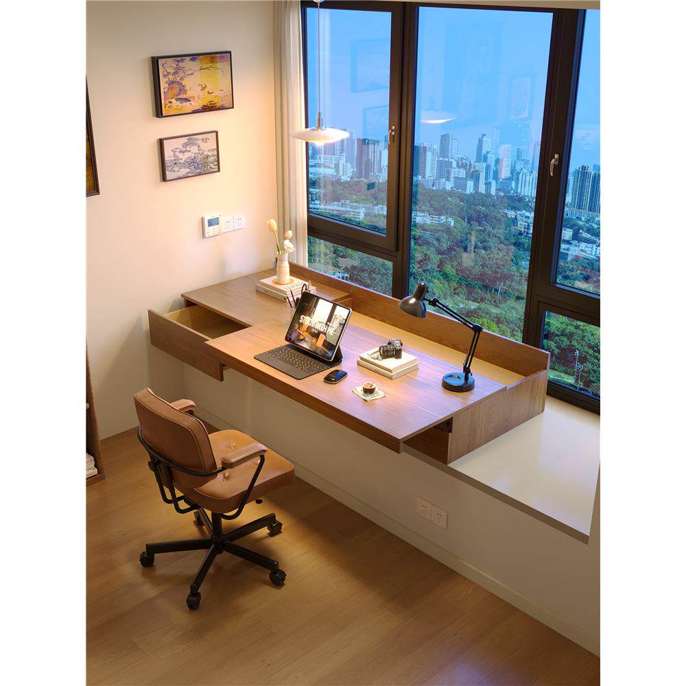 带抽屉的凸窗滑动桌实木可伸缩桌面卧室定制电脑桌家庭书桌