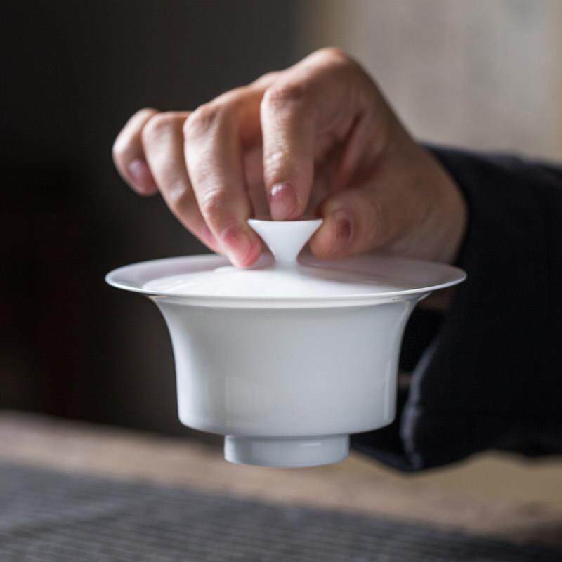 景德镇手工白瓷盖碗 薄胎陶瓷功夫茶具 不烫手马蹄盖茶碗 三才手