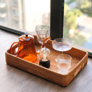 竹编 手工藤编托盘长方形家用放茶水杯复古茶盘水果盘蛋糕零食日式