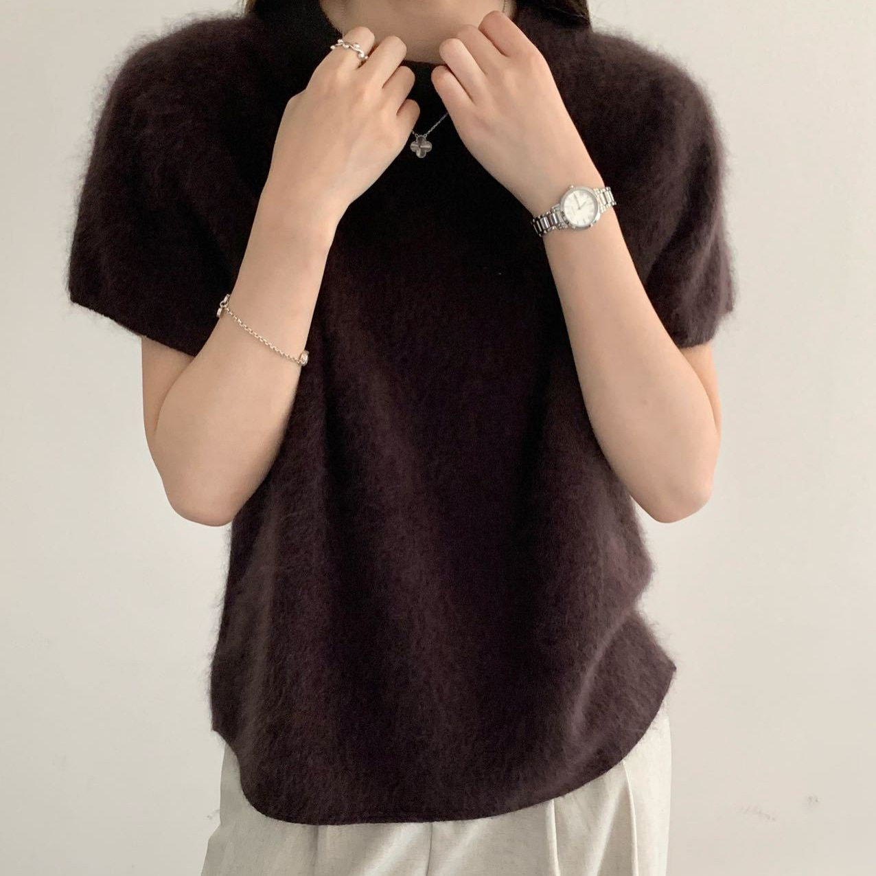 锦衣秋冬拉绒羊绒桑蚕丝短袖毛衣