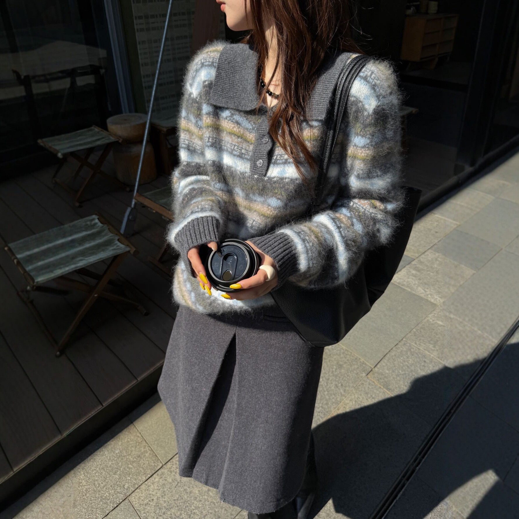 费尔岛提花翻领条纹羊毛衫女秋冬