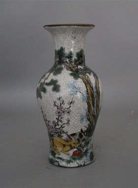 大清乾隆年制粉彩玉兔吃草图花瓶 古董瓷器收藏摆件家居展柜装饰