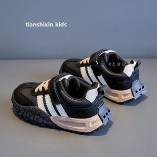 男童鞋子黑色真皮2026春秋新款儿童运动鞋真皮阿甘鞋女童德训小童