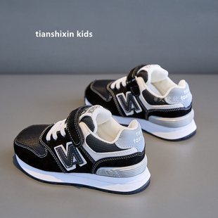 男童鞋子春秋款2025新款女童N字运动鞋秋冬加绒二棉儿童黑色休闲