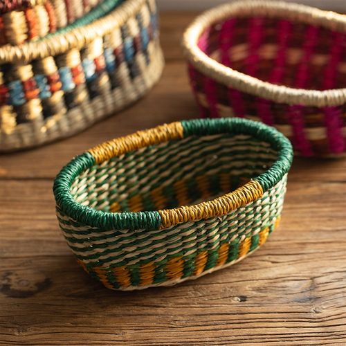 海草手工编织篮越南彩色草编收纳篮零食水果篮桌面整理家居收纳筐