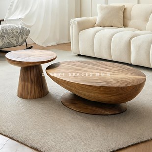 定意空间 木心 中古风胡桃木客厅茶几木色椭圆玻璃钢茶几边几组合
