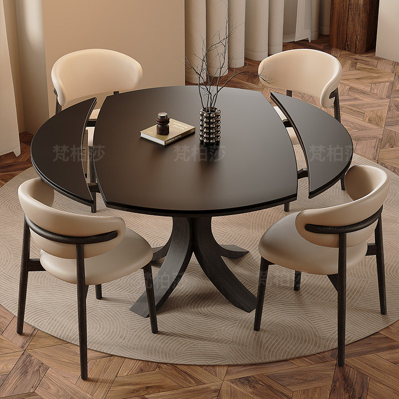 黑色岩板餐桌可伸缩现代简约家用小户型法式复古风圆形实木餐桌椅