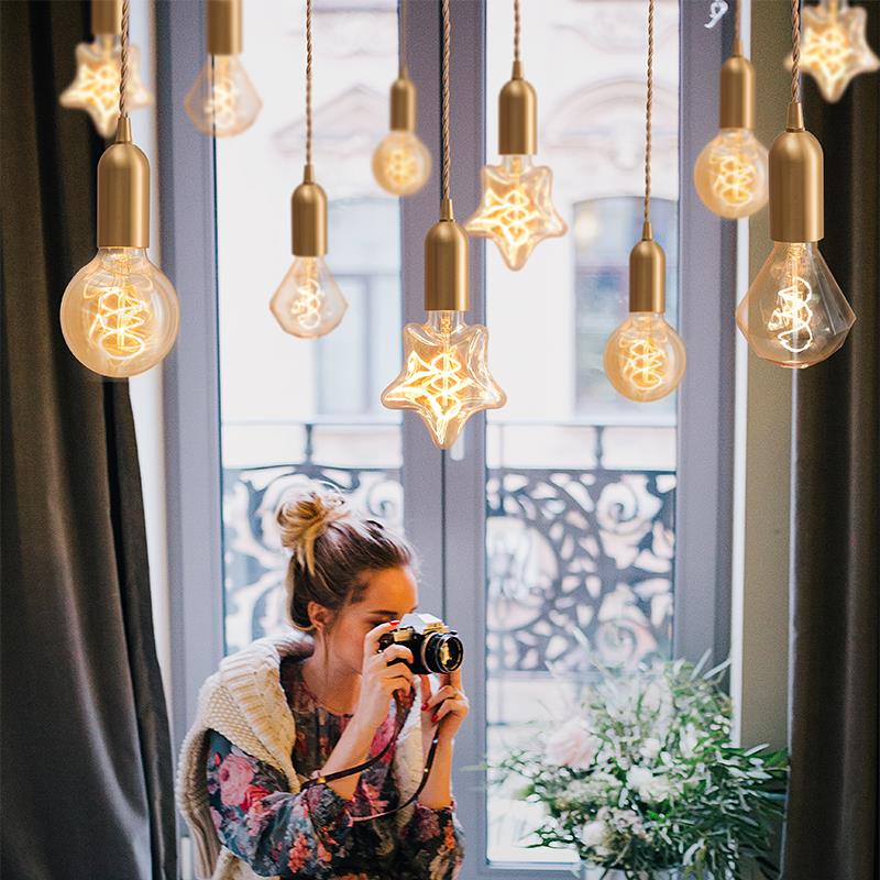 北欧全铜简约爱迪生灯泡复古餐厅吧台花店星星装饰床头单头小吊灯