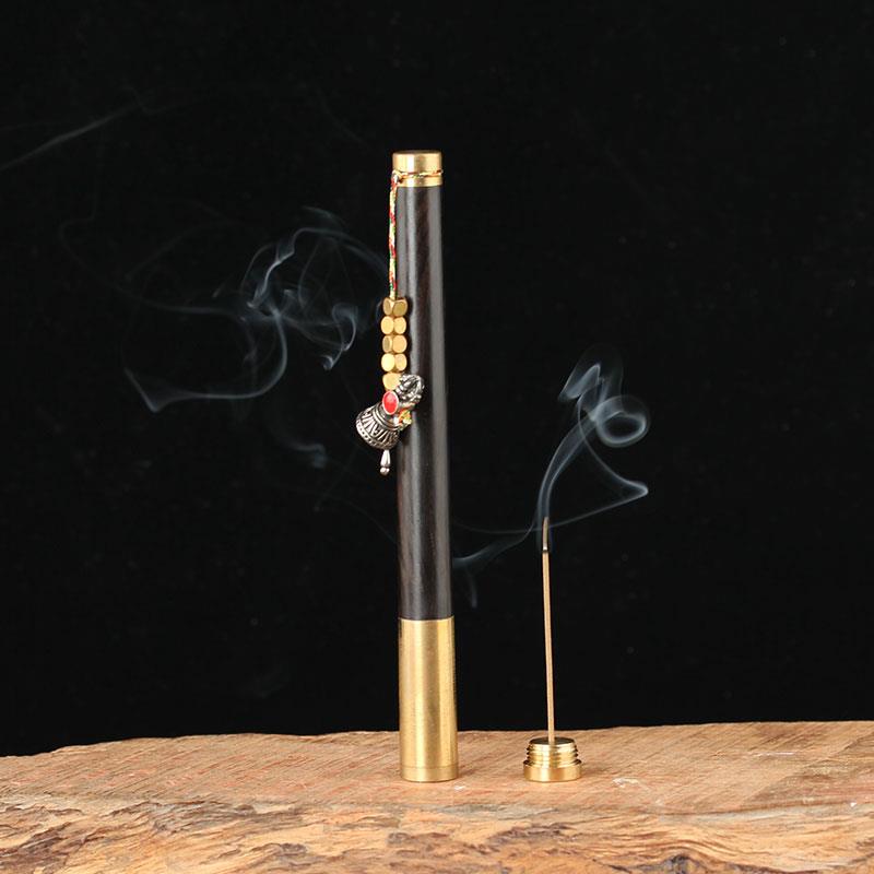 黑檀木线香筒短款黄铜迷你香管带香插家用创意旅行便携香筒放香桶