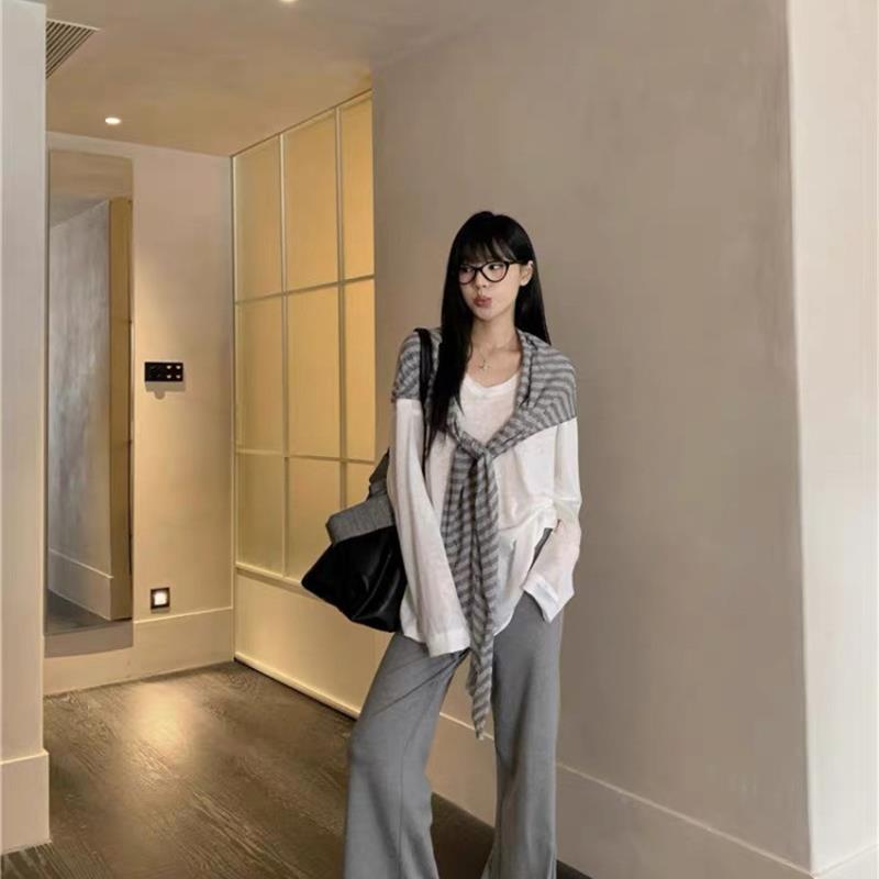 韩版慵懒风套装薄款长袖T恤女外搭条纹披肩夏季微喇裤长裤三件套