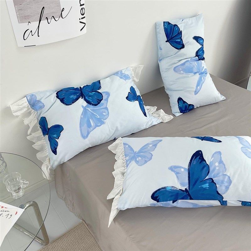 翩设计师手绘蝴蝶60支长绒棉信封枕套全棉花边枕头罩 美丽和蓝,床上用品,枕套,淘宝优惠券,粉丝福利购,淘宝优惠卷