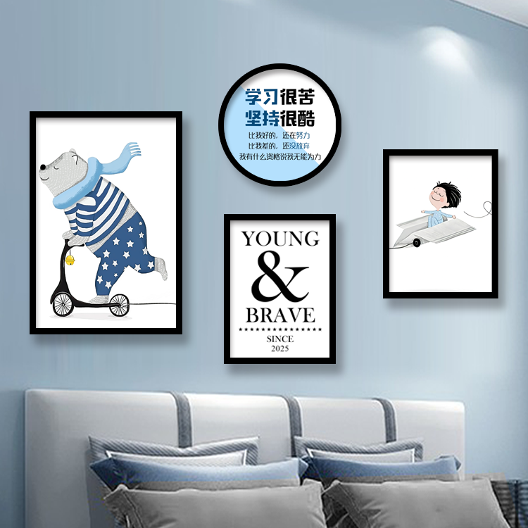 2025儿童房卡通装饰画画男女孩卧室房间学习生励志壁画画床头组合图片