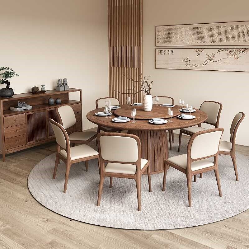 黑胡桃木圆餐桌现代简约全实木圆桌家用原木圆形餐桌椅组合带转盘