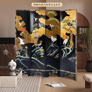 饰遮挡折叠 古典茶室玄关复古屏风黑底花鸟小众中古折屏客厅隔断装