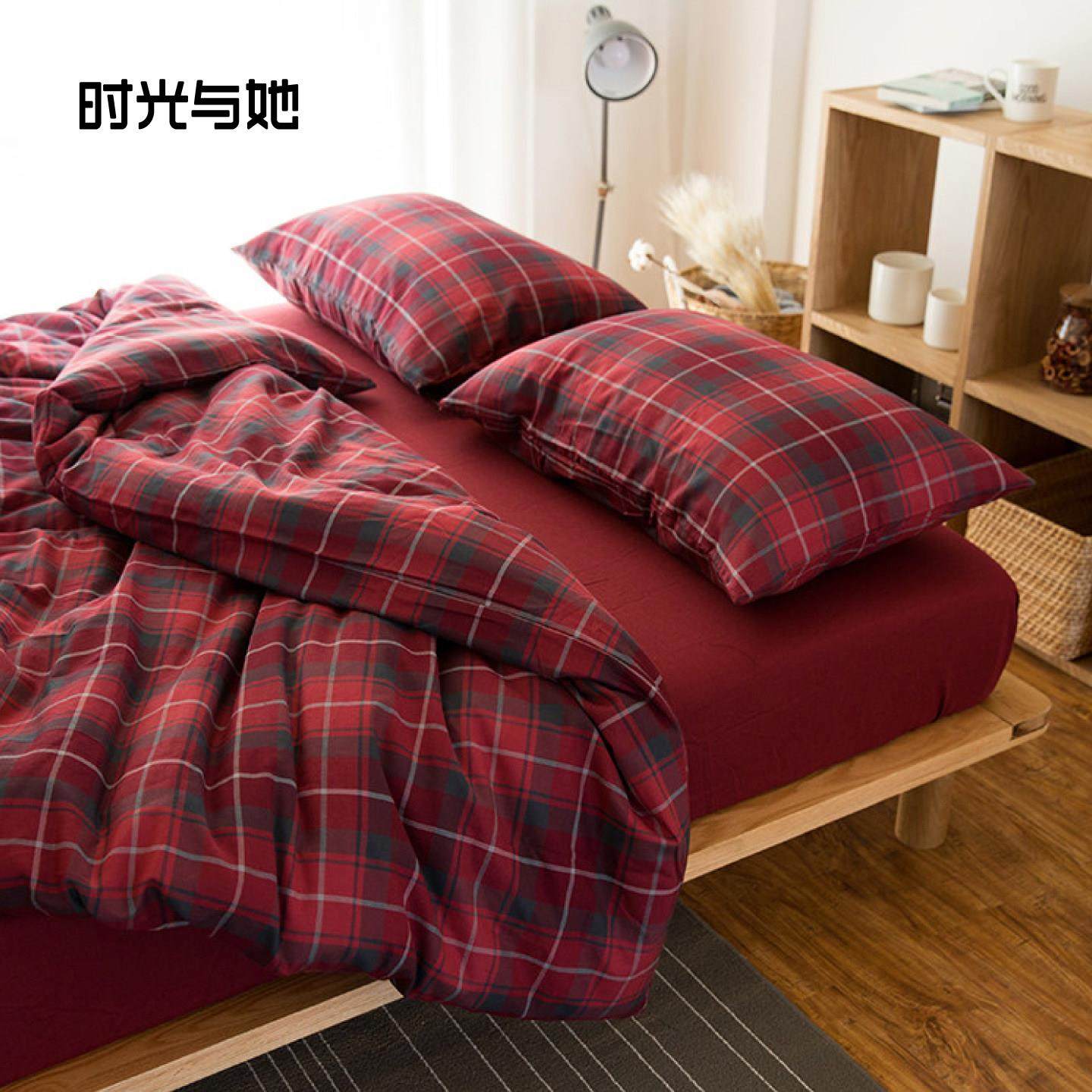 时光与她水洗棉法兰绒四件套格子被套全棉纯色牀单秋冬季磨毛1.8m,床上用品,床品套件/四件套/多件套,淘宝优惠券,粉丝福利购,淘宝优惠卷