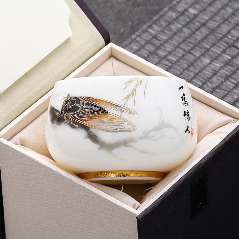 羊脂玉陶瓷功夫茶具茶碗描金茶杯品茗杯家用单杯泡茶高档主人杯