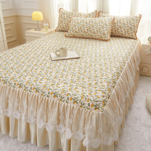 夏天田园小碎花床裙式 床罩席子三件套蕾丝边床套防滑加厚乳胶凉席