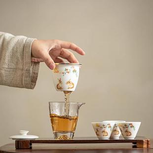 功夫茶具套装 羊脂玉瓷轻奢描金户外便携式 随身包套旅行茶具快客杯