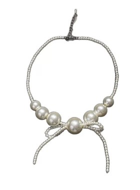 夸张大圆珍珠蝴蝶结项链锁骨链女串珠时尚小众高级感W颈链流苏配