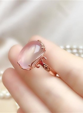 仿天然芙蓉石戒指女戒子q招桃花助镀S925银椭圆冰种粉水晶开口百