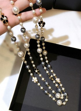 新款时尚韩版欧美经典潮流仿珍珠花朵气I质毛衣链女长款项链女现