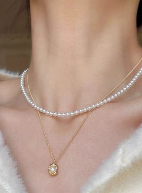 双层叠戴玻璃珍j珠项链时尚气质网红豌豆淡水珍珠吊坠高级感链颈