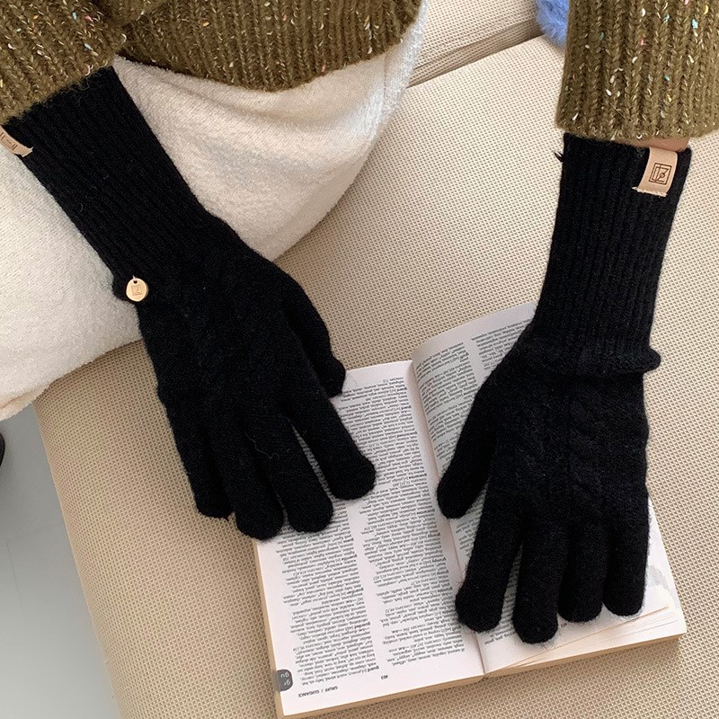 韩系纯色a麻花针织手套分指露指可触屏防寒原宿风秋冬保暖长款手