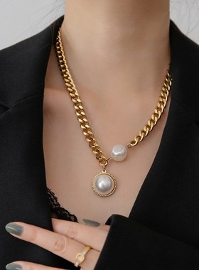 夸张金色粗链大珍珠项链  欧美潮人网红K时尚设计感脖子饰品锁骨