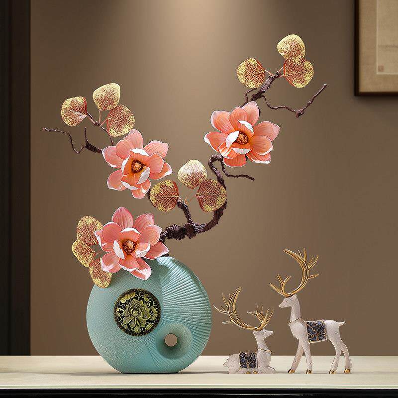 新中式仿真玉兰花陶瓷花瓶摆件客厅家居桌面花艺插花装饰乔迁礼物