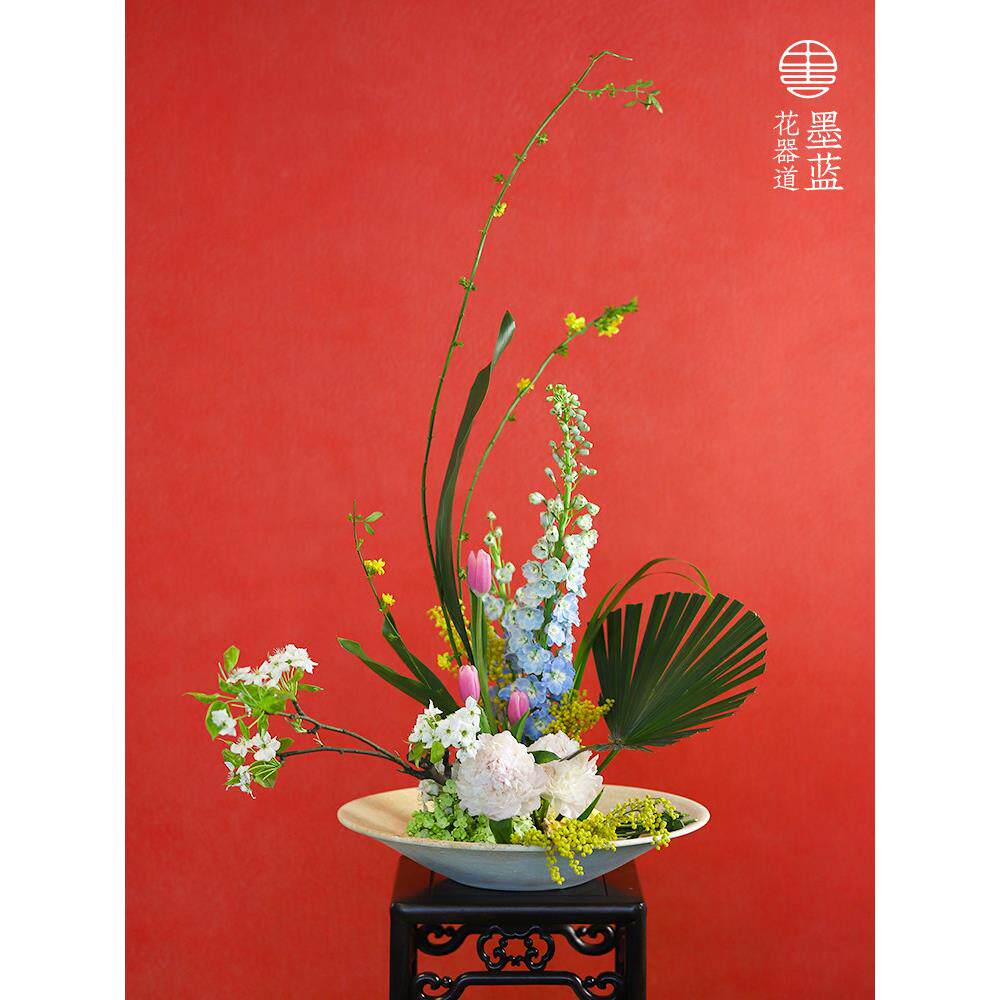 手工粗陶瓷刻纹斗笠碗覆古磨砂特大圆盘中式插花盆客厅玄关摆件