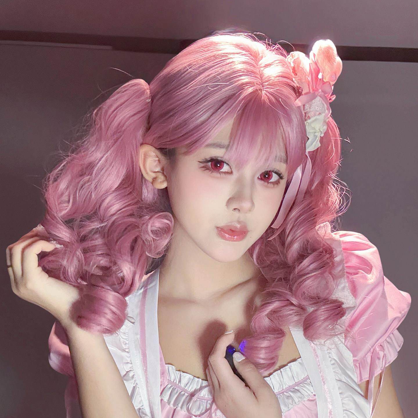 粉色假发双马尾罗马卷lolita罗莉塔doll感虎口抓夹长卷发大波浪毛