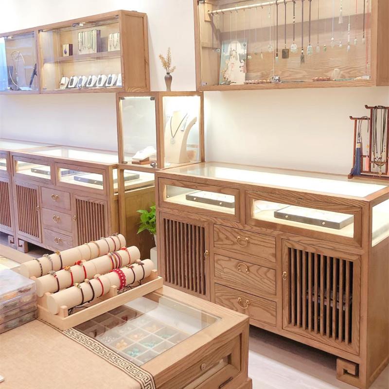 新中式实木珠宝展示柜玉器首饰玻璃展柜精品货架展示柜中岛台壁柜