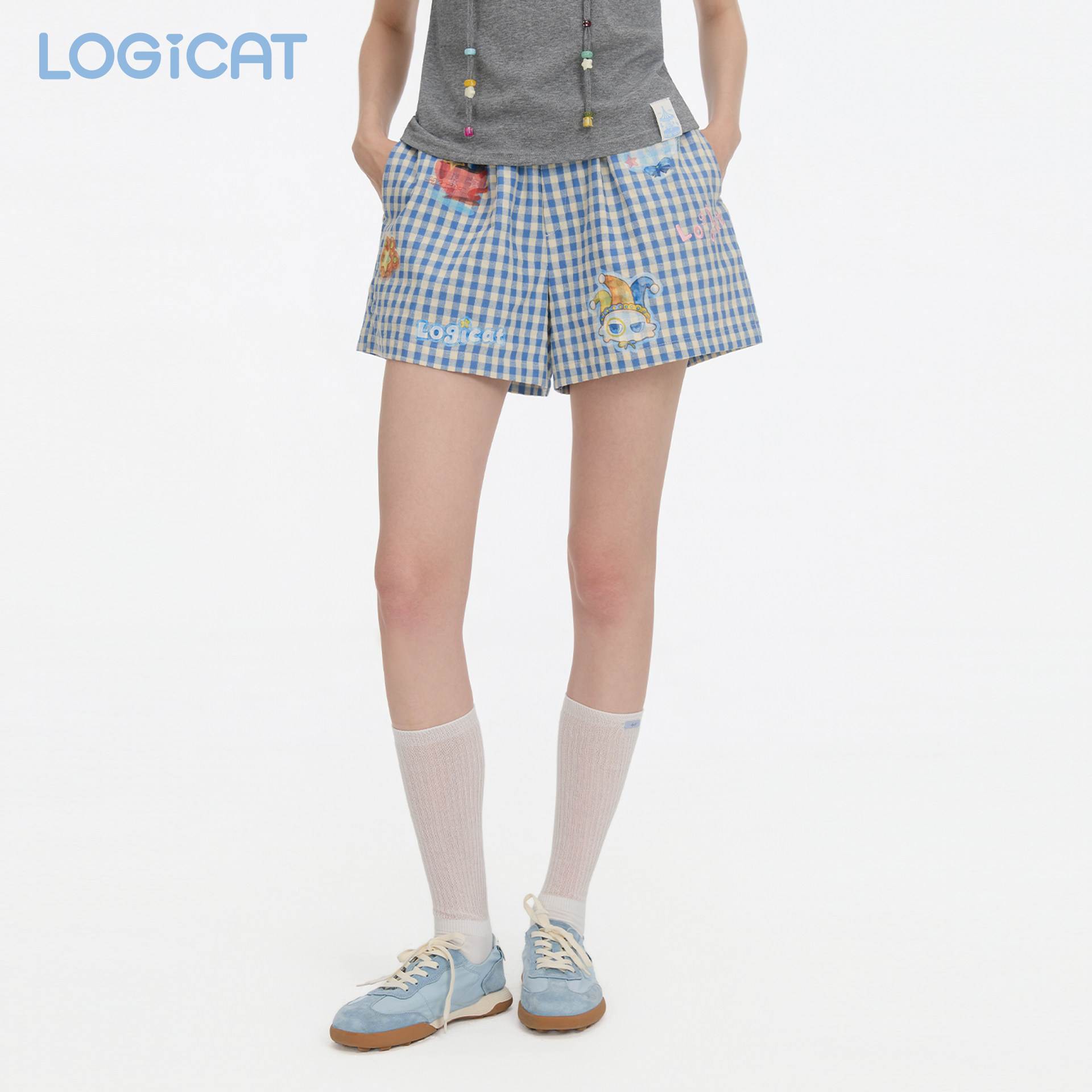 LOGICAT格纹短裤2026新款印花刺绣原创清新度假风蓝白格纹休闲裤
