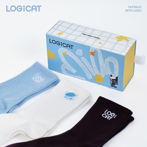 LOGICAT猫咪袜子秋季新款刺绣基础色百搭吸汗透气男女袜子中筒袜