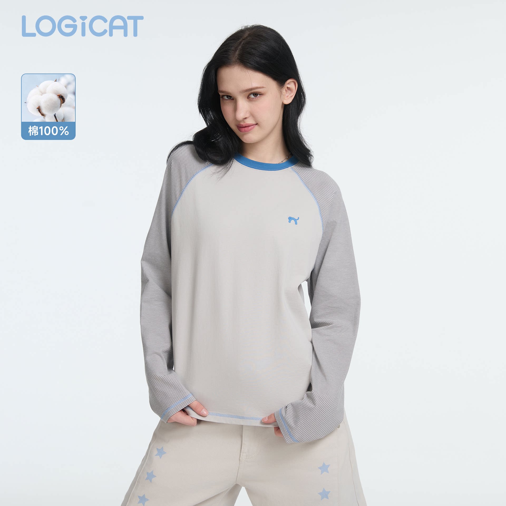 LOGICAT条纹长袖2026新款舒适百搭显瘦情侣款灰白撞色插肩袖上衣图片