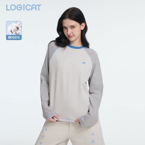 LOGICAT条纹长袖2026新款舒适百搭显瘦情侣款灰白撞色插肩袖上衣