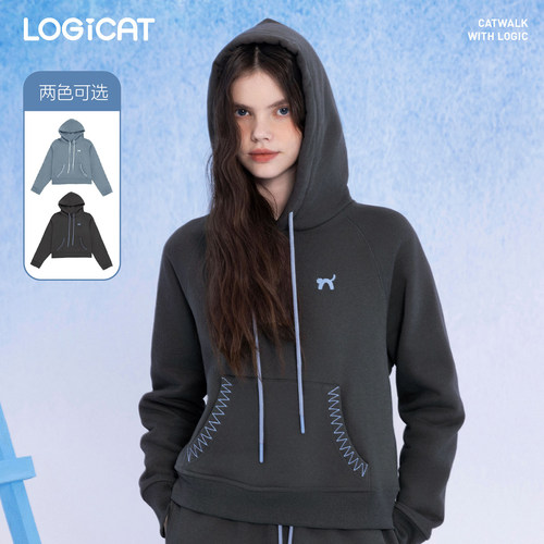 LOGICAT连帽卫衣刺绣女款秋冬薄绒宽松舒适百搭长袖帽衫上衣