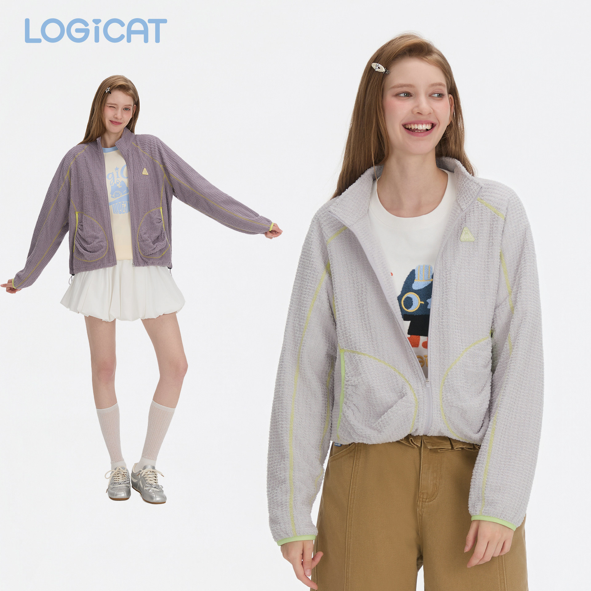 LOGICAT轻量抓绒外套2026早秋新款撞色明显复古美式休闲运动上衣图片
