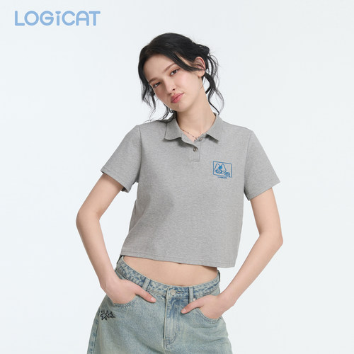 LOGICATpolo衫2026夏季新款灰色贴身轻甜学院通勤短款女立领短袖
