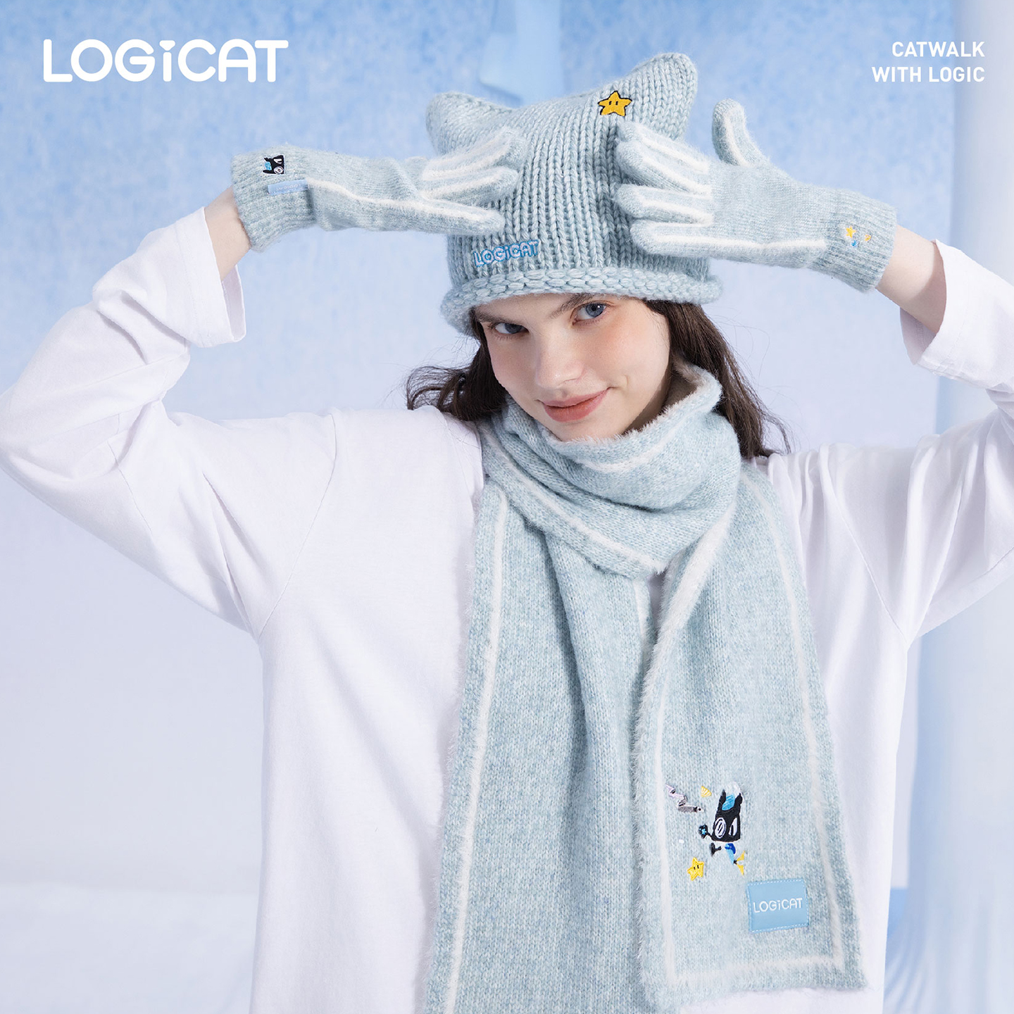 LOGICAT围巾帽子手套毛绒百搭可爱刺绣加厚保暖冬季保暖三件套