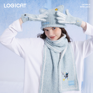 LOGICAT围巾帽子手套毛绒百搭可爱刺绣加厚保暖冬季保暖三件套