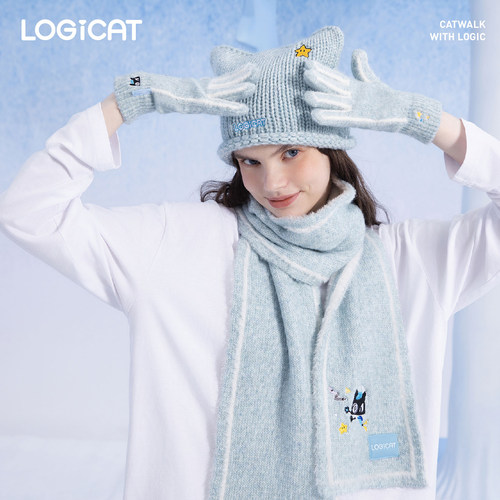 LOGICAT围巾帽子手套毛绒百搭可爱刺绣加厚保暖冬季保暖三件套