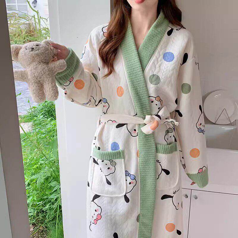 睡袍女秋冬季加厚夹层棉中长款系带浴衣浴袍冬天睡衣女家居服外套