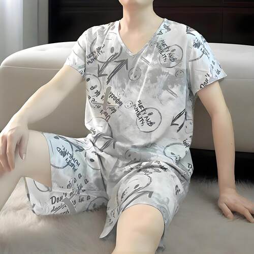 新棉绸休闲上衣短裤睡衣男夏宽松短袖薄款家居服套装简约V领绵绸