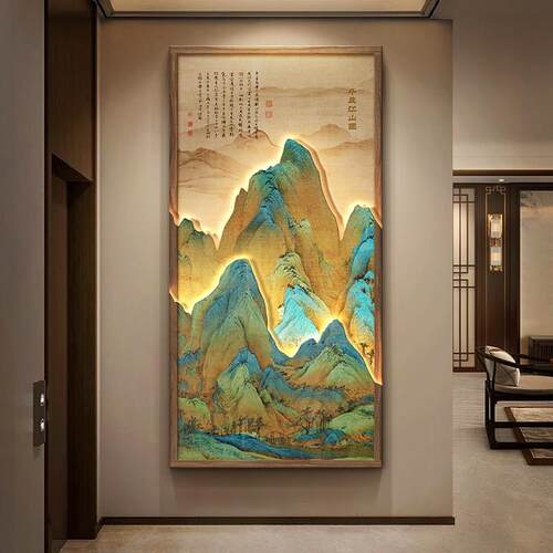 千里江山图玄关挂画新中式装饰画竖版山水画宋代美学入户门壁画灯