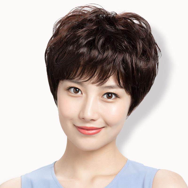 假发女短发妈妈自然中老年真发全头套短卷发真人发丝假发套真人发