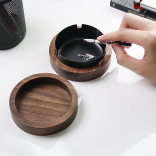 实木黑胡桃木家用质办公室客厅 防灰飞烟灰缸有盖北欧轻奢创意个性