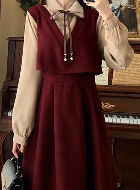 大码胖mm套装裙遮肉高腰拼接假两件连衣裙女秋韩系学院风减龄长裙